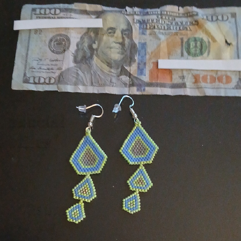 Handcrafted Beaded Earrings - Blue and Green